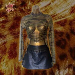 Forever 21 Camo Long Sleeve Mesh Crop Top w/ Adjustable Side Drawstrings